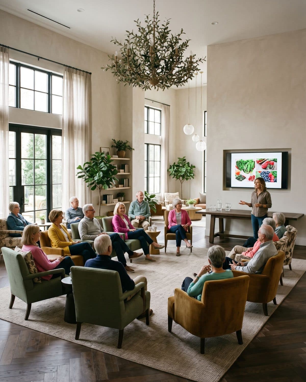 Residents seated in a community lounge listening to a nutrition presentation beside a screen